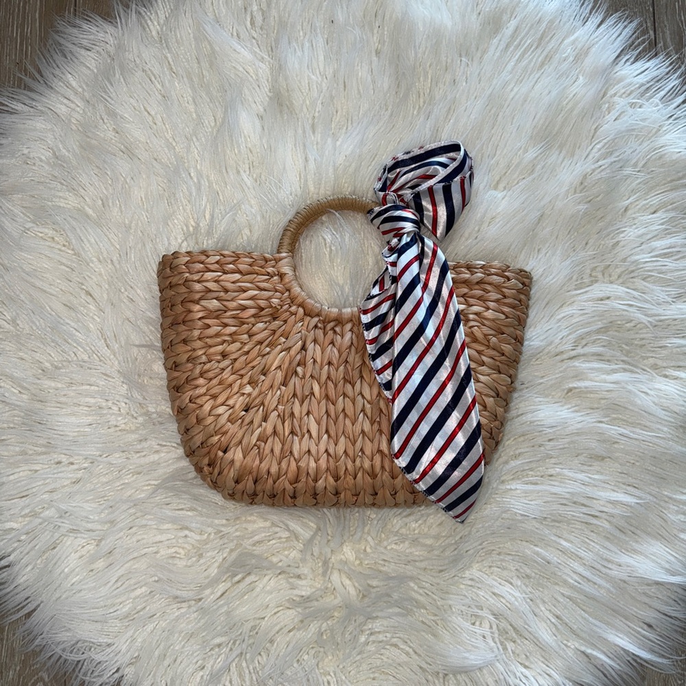 Stylish Tan Woven Bag with Striped Scarf Accent